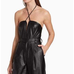 Strapless Halter Faux-Leather Bodysuit in Black